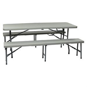 Pemberly Row 3 Piece Folding Table and Bench Set in Light Gray