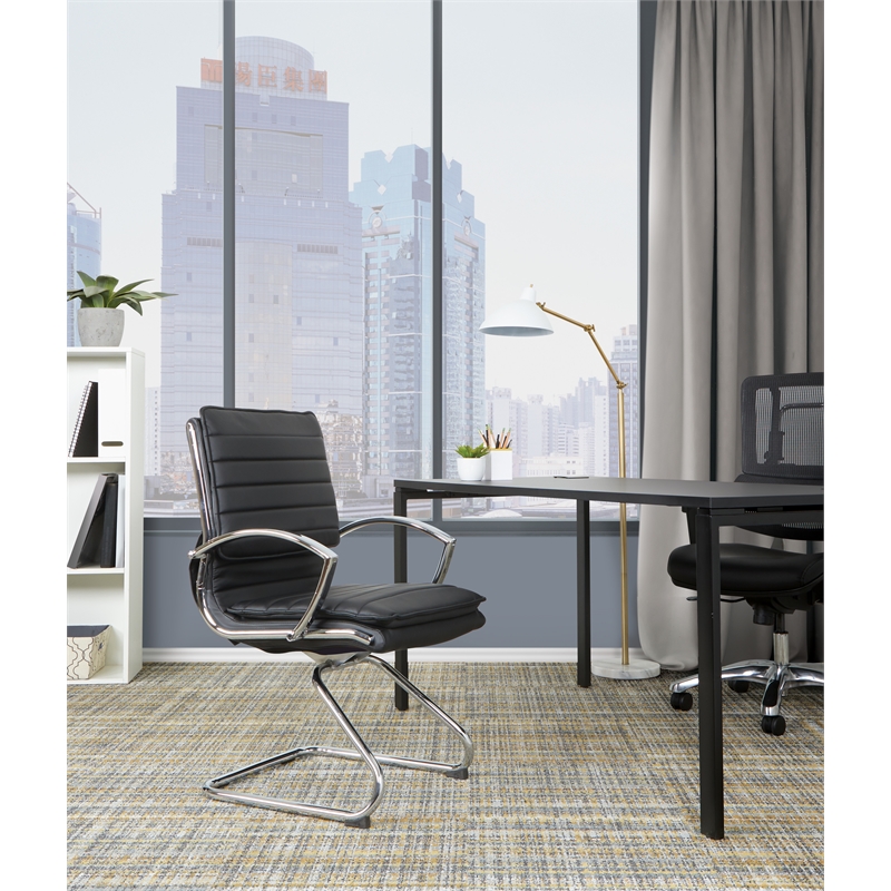 Pemberly Row Guest Faux Leather Chair in Black with Chrome Base