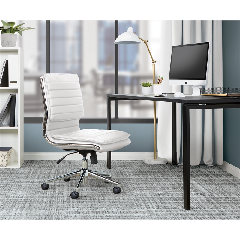 Pemberly Row Armless Mid Back Manager's Faux Leather Chrome Base Chair - White