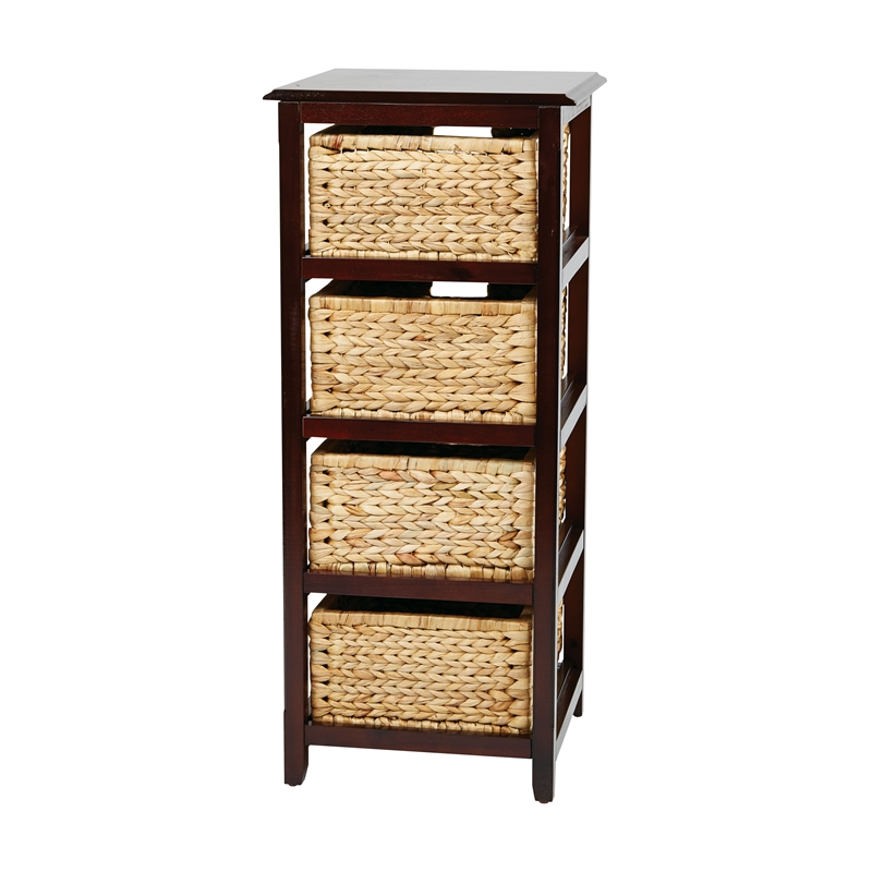 Pemberly Row Four-Tier Storage Unit With Espresso Solid Wood and Natural Baskets