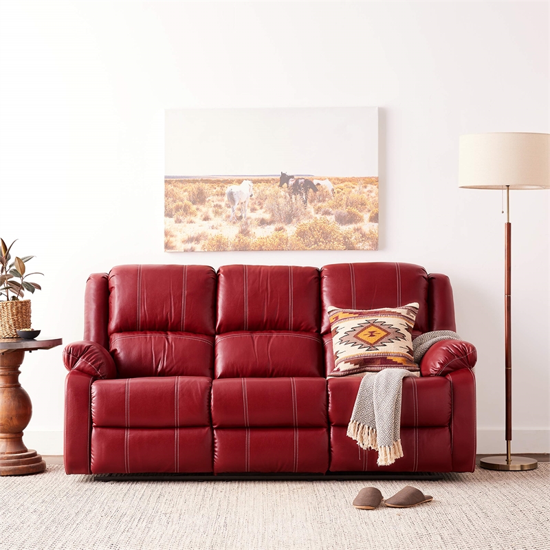 Pemberly Row Modern Faux Leather Motion Reclining Sofa in Red