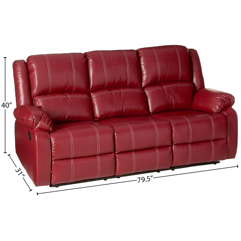 Pemberly Row Modern Faux Leather Motion Reclining Sofa in Red