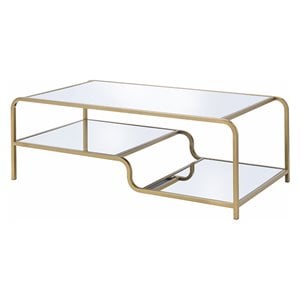 Pemberly Row Glass Top Coffee Table with Mirror Shelf in Gold