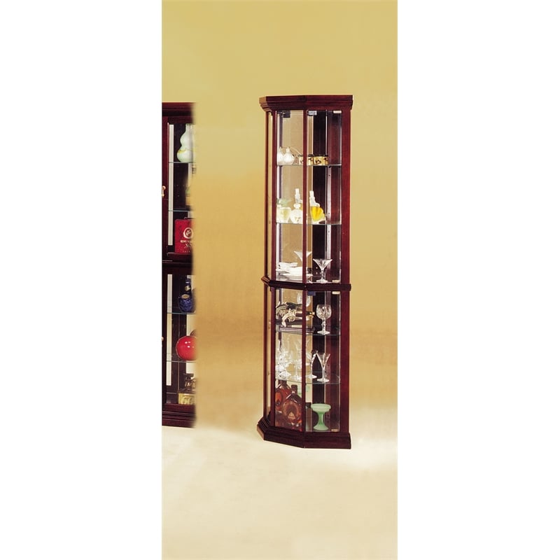 Pemberly Row Contemporary Corner Curio Cabinet in Cherry Finish