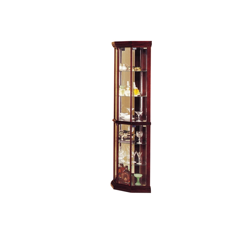Pemberly Row Contemporary Corner Curio Cabinet in Cherry Finish