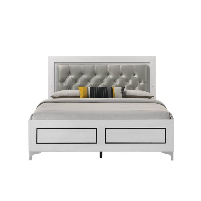 Pemberly Row Faux Leather Tufted Queen Bed with LED in Gray White