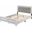 Pemberly Row Faux Leather Tufted Queen Bed with LED in Gray White