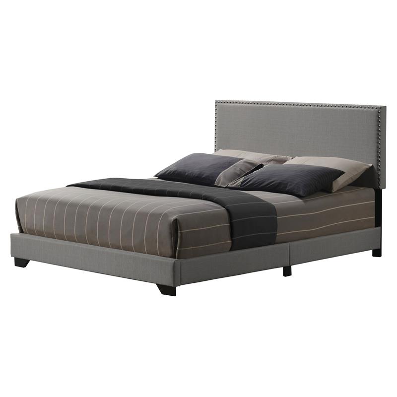 Pemberly Row Fabric Upholstered Queen Bed with Nailhead Trim in Light Gray