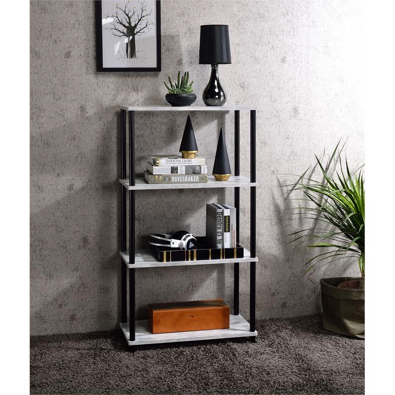 Pemberly Row 4 Wood Shelves Rectangular Bookshelf in Antique White and Black