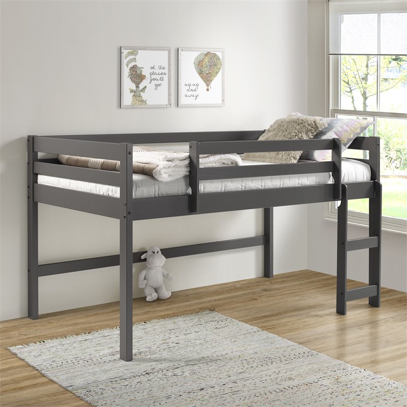 Pemberly Row Twin Wood Loft Bed with Guard Rail and Reversible Ladder in Gray
