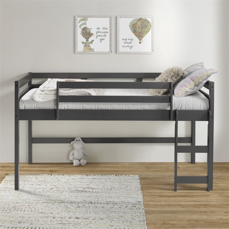 Pemberly Row Twin Wood Loft Bed with Guard Rail and Reversible Ladder in Gray