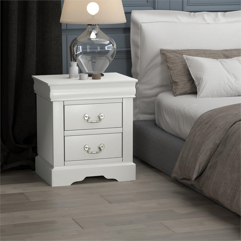 Pemberly Row Contemporary Nightstand with Brushed Nickel Metal Handle in White