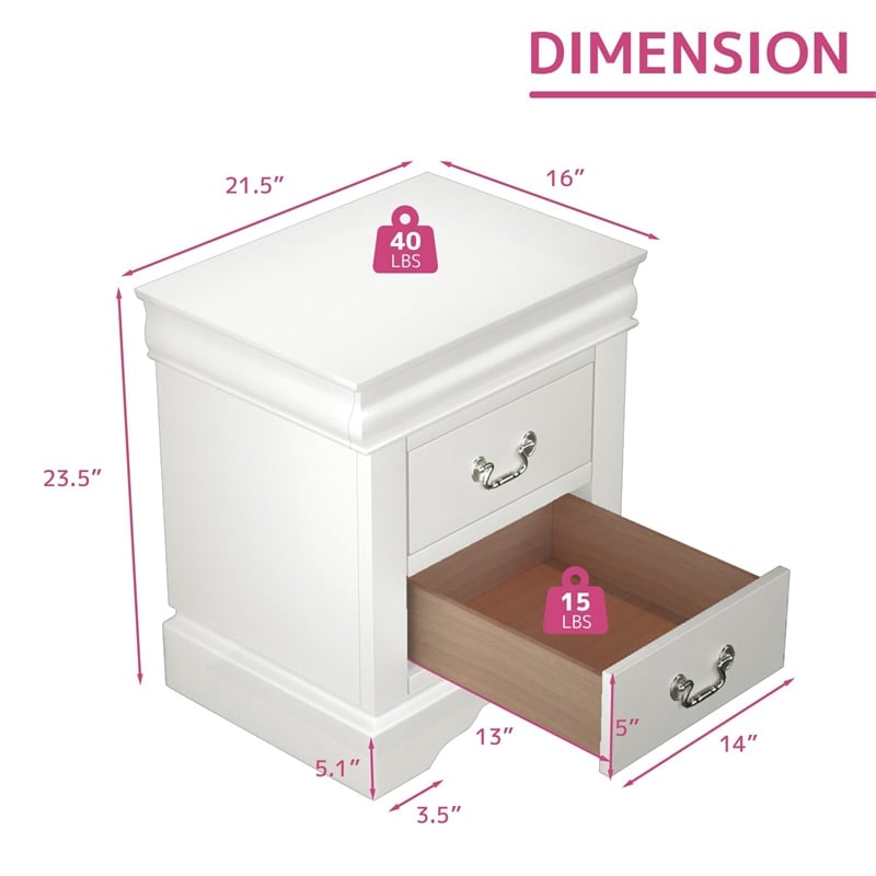 Pemberly Row Contemporary Nightstand with Brushed Nickel Metal Handle in White