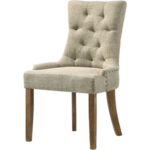 Pemberly Row Fabric Tufted Nail-head Trim Side Chair in Beige and Salvaged Oak