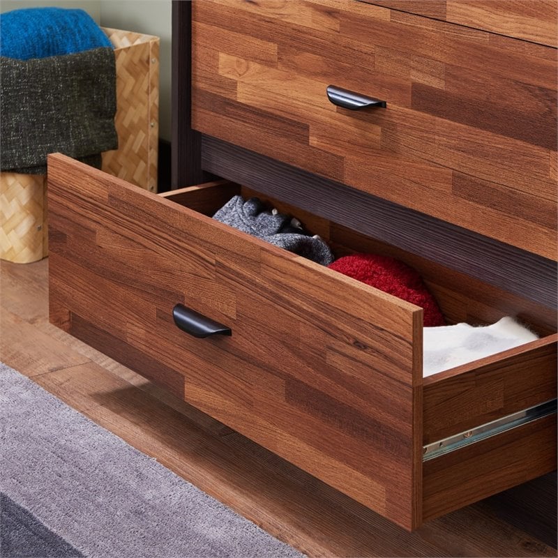 Pemberly Row Wood Rectangular Chest with 5 Storage Drawers in Walnut & Espresso