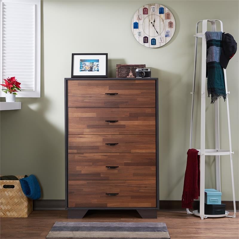 Pemberly Row Wood Rectangular Chest with 5 Storage Drawers in Walnut & Espresso