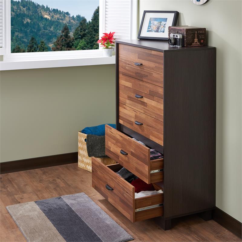 Pemberly Row Wood Rectangular Chest with 5 Storage Drawers in Walnut & Espresso
