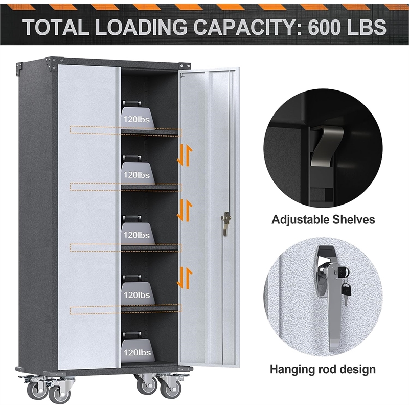 Pemberly Row Metal Storage Cabinet on Wheels for Garage and Office