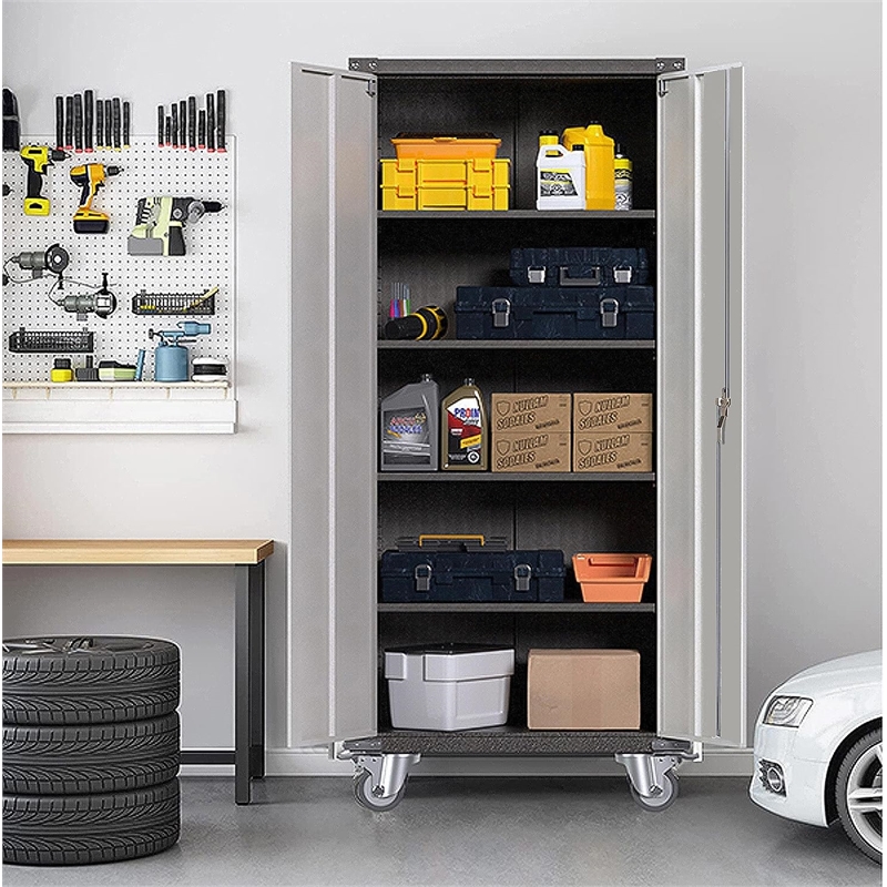 Pemberly Row Metal Storage Cabinet on Wheels for Garage and Office