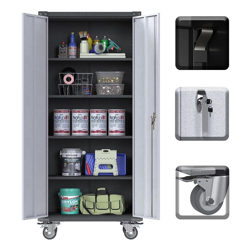 Pemberly Row Metal Storage Cabinet on Wheels for Garage and Office