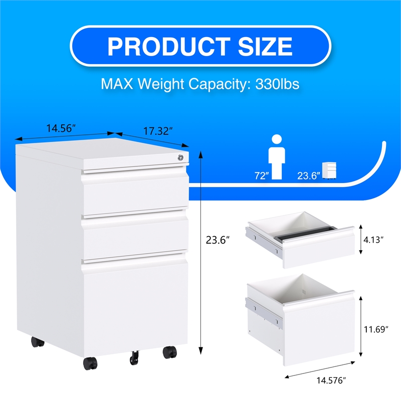 Pemberly Row Mobile Office FIle Cabinet with 3 Drawers Fully Assembled