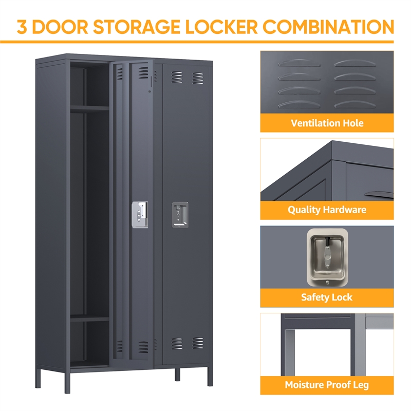 Pemberly Row Metal Locker with 3 Door for School and Employee Dark Gray
