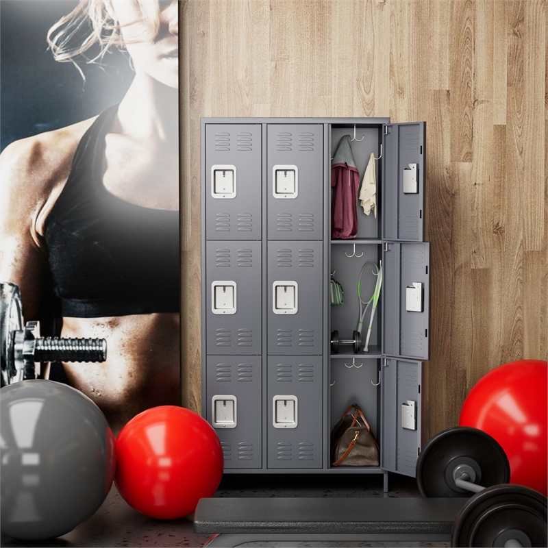 Pemberly Row Metal Locker with 9 Door for School and Employee Dark Gray