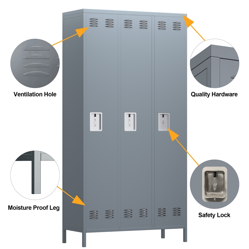 Pemberly Row Metal Locker with 3 Door for School and Employee Light Gray