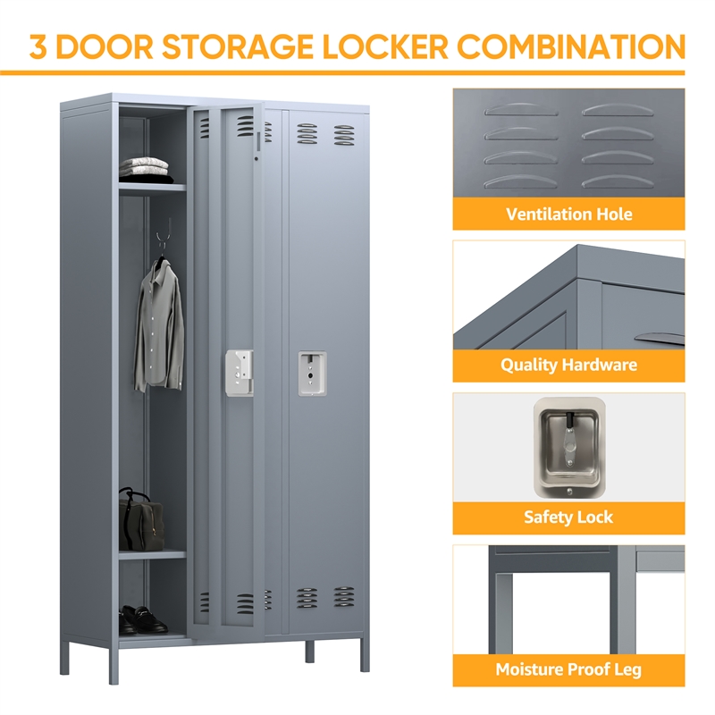Pemberly Row Metal Locker with 3 Door for School and Employee Light Gray