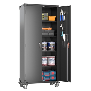 Pemberly Row 72&quot Metal Storage Cabinet with Wheels and Pegboard in Black