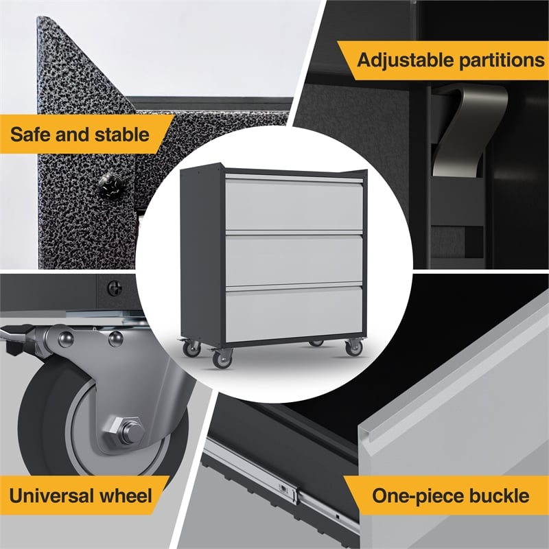 Pemberly Row Three Drawers Metal Garage Storage Cabinet with Wheels in Gray