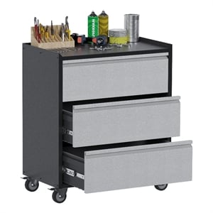 Pemberly Row Three Drawers Metal Garage Storage Cabinet with Wheels in Gray