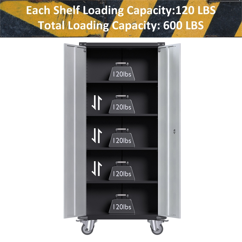 Pemberly Row Metal Storage Cabinet with Lock and 4 Shelves in Gray and Black