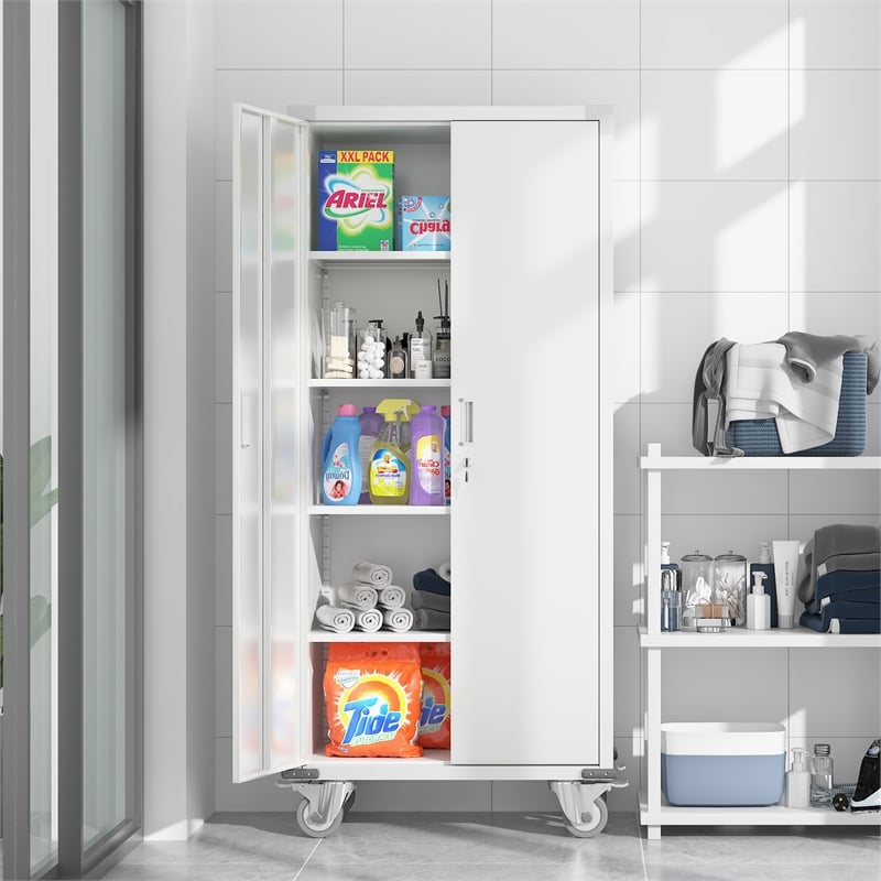 Pemberly Row Metal Storage Cabinet with Wheels Rolling for Office in Off White