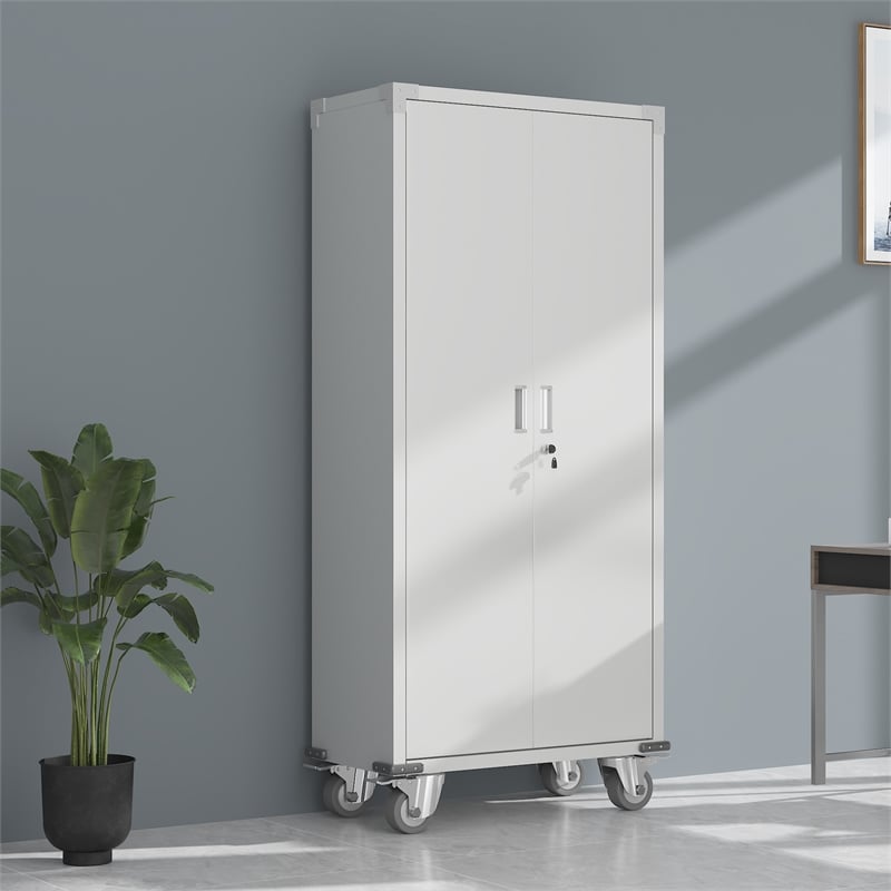 Pemberly Row Metal Storage Cabinet with Wheels Rolling for Office in Off White