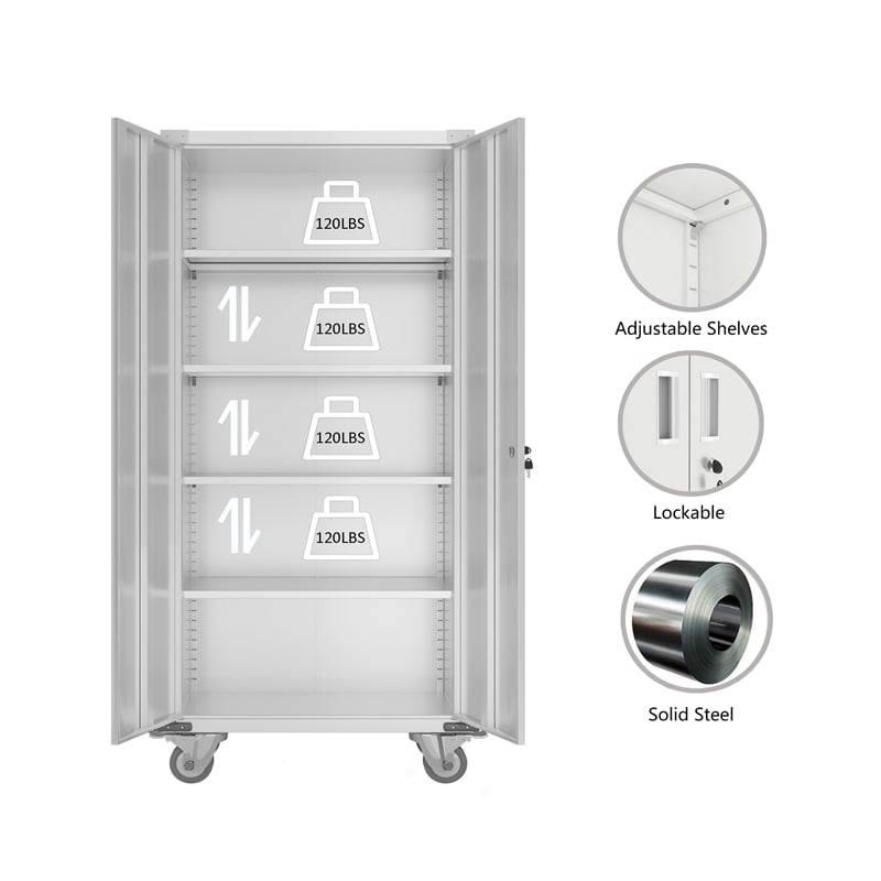 Pemberly Row Metal Storage Cabinet with Wheels Rolling for Office in Off White