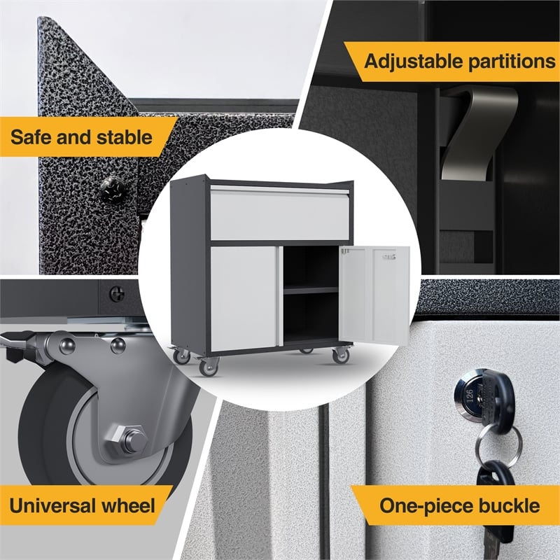 Pemberly Row Metal Garage Storage Cabinet with Lock and Wheels Rolling in Gray