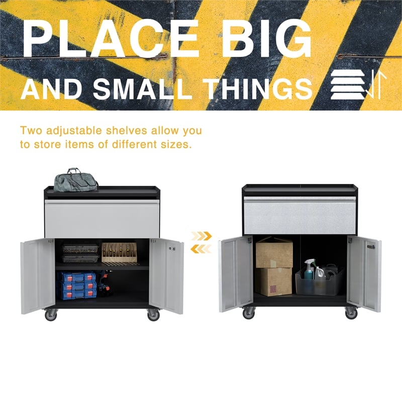 Pemberly Row Metal Garage Storage Cabinet with Lock and Wheels Rolling in Gray