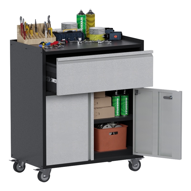 Pemberly Row Metal Garage Storage Cabinet with Lock and Wheels Rolling in Gray