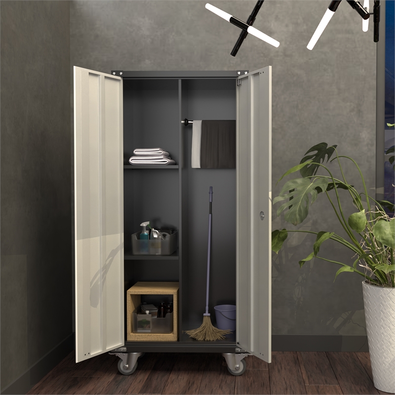 Pemberly Row Metal Broom Storage Cabinet with Rod-Cleaning Tool Storage Cabinet