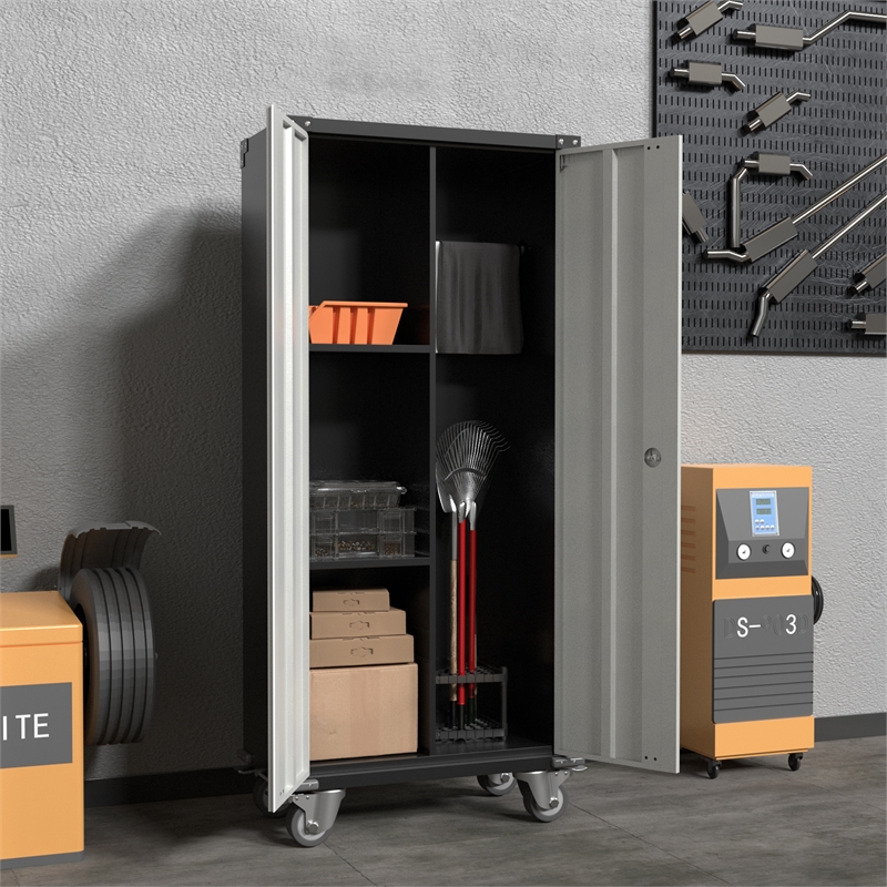 Pemberly Row Metal Broom Storage Cabinet with Rod-Cleaning Tool Storage Cabinet