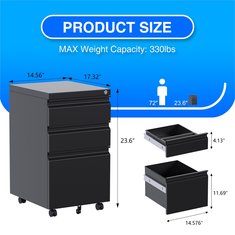 Pemberly Row Mobile File Cabinet w/ 3 Drawers for Office & Home Fully Assembled