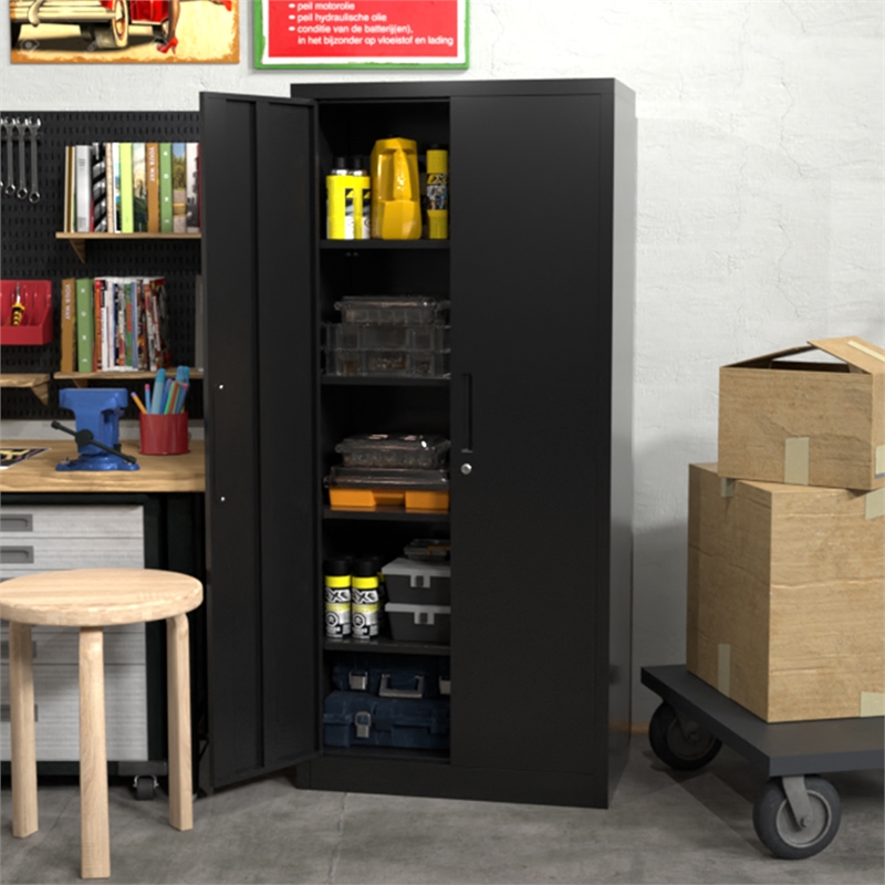 Pemberly Row Metal Garage Storage Cabinet w/ Doors & Lock Steel Locking in Black