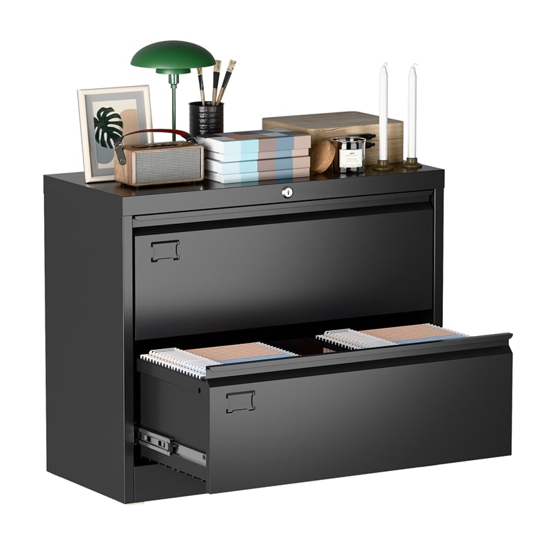 Pemberly Row 2-Drawer Steel Metal Lateral Locking Filing Cabinet w/ Lock - Black