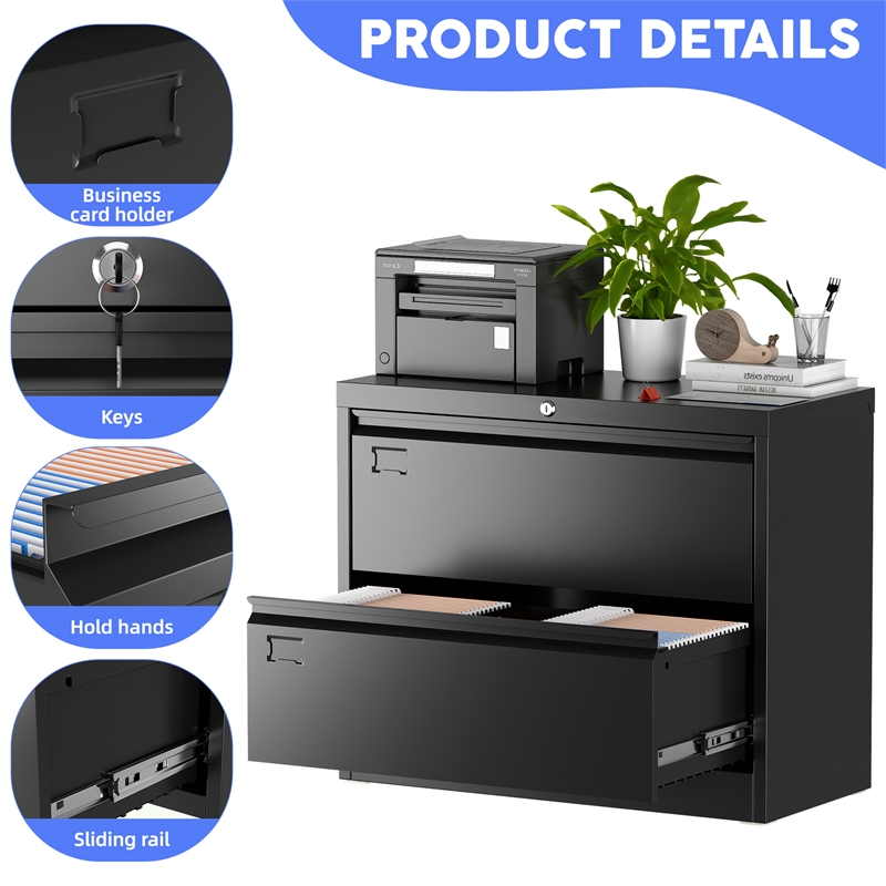 Pemberly Row 2-Drawer Steel Metal Lateral Locking Filing Cabinet w/ Lock - Black