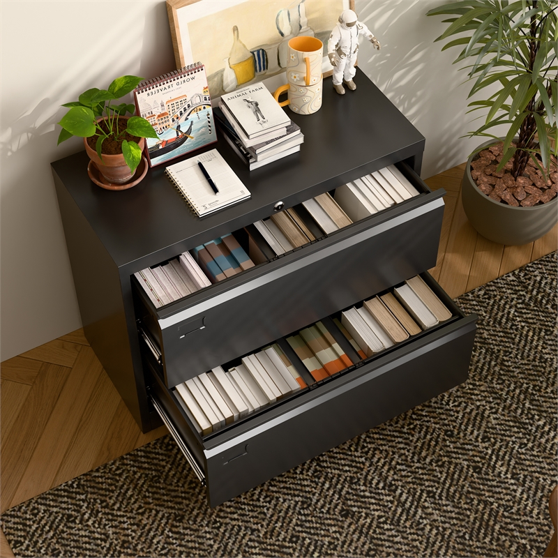 Pemberly Row 2-Drawer Steel Metal Lateral Locking Filing Cabinet w/ Lock - Black