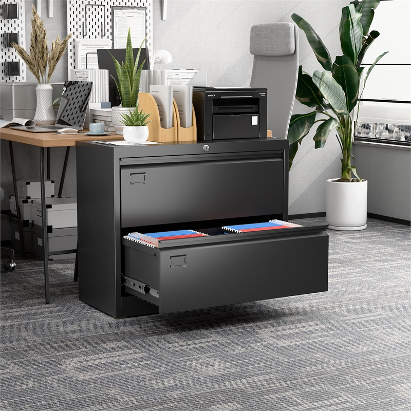Pemberly Row 2-Drawer Steel Metal Lateral Locking Filing Cabinet w/ Lock - Black