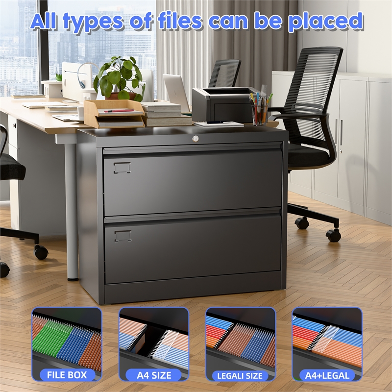 Pemberly Row 2-Drawer Steel Metal Lateral Locking Filing Cabinet w/ Lock - Black