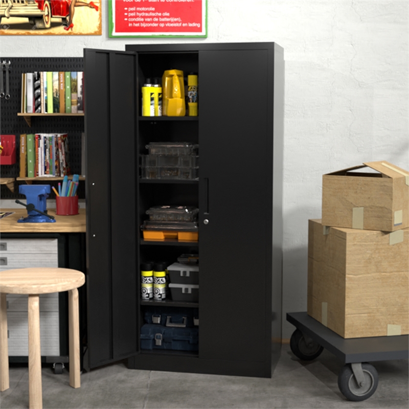 Pemberly Row Metal Storage Cabinet w/ Locking Doors & Adjustable Shelves - Black