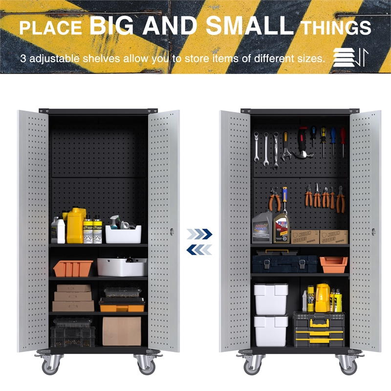 Pemberly Row Metal Tool Storage Cabinet with Pegboard & Shelves in Gray & Black